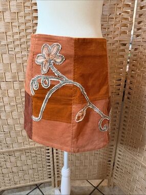 Hand Crafted Rust & Peach Patchwork Corduroy Mini Skirt with Floral Embroidery